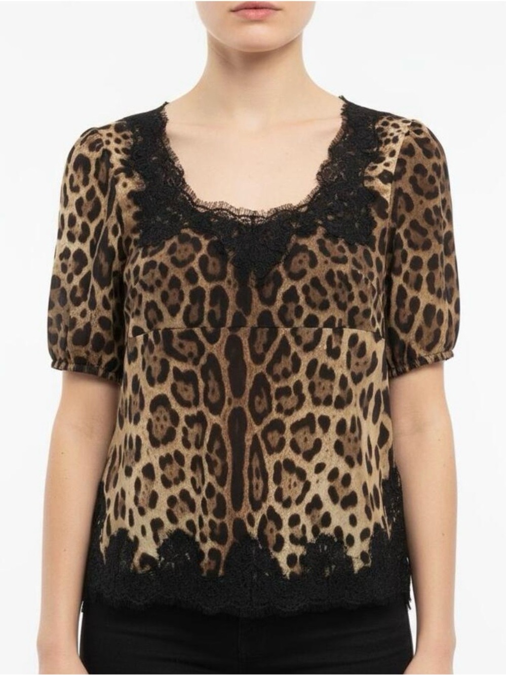 Dolce & Gabbana Leopard Lace Trim Top - Brown & Black